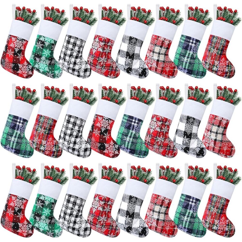 24 Pcs Small Christmas Stockings Bulk 7" Mini Buffalo Plaid Xmas Stocking with S
